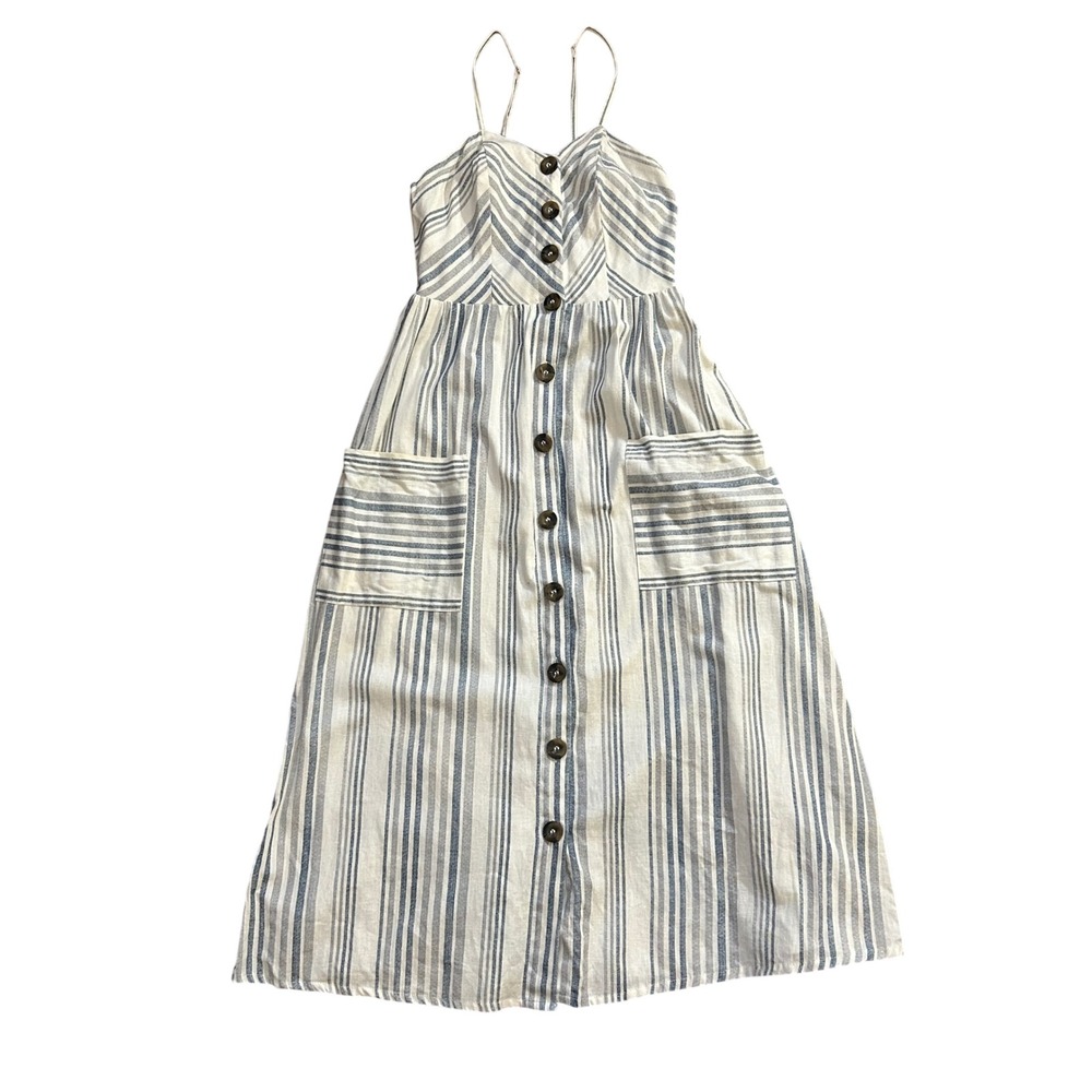 Coastal Breeze Striped Button-Front Midi Dress Womens XS Pockets Smocked Back - Picture 2 of 9